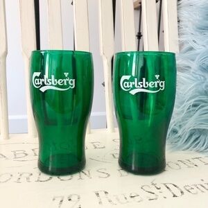 Beer‎ Glasses, Green, Vintage, Carlsberg, Set of 2, Nice Condition